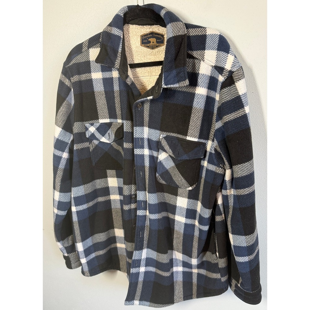 Freedom Foundry Jacket Size L Blue Plaid Sherpa Lined Fleece Shirt Jacket Cabin